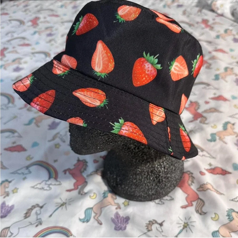 Reversible Black Strawberry Print Bucket Hat - Picture 2 of 5